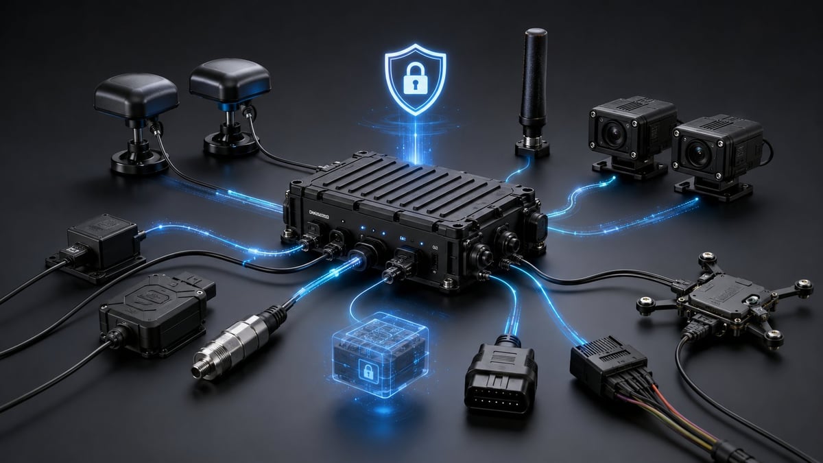 Central control module with glowing blue security connections to multiple cameras, sensors, and devices on dark background