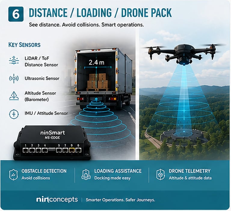 Infographic showing distance, loading, and drone pack features including sensors, a delivery truck with 2.4m distance detection, and a drone with telemetry capabilities over landscape.