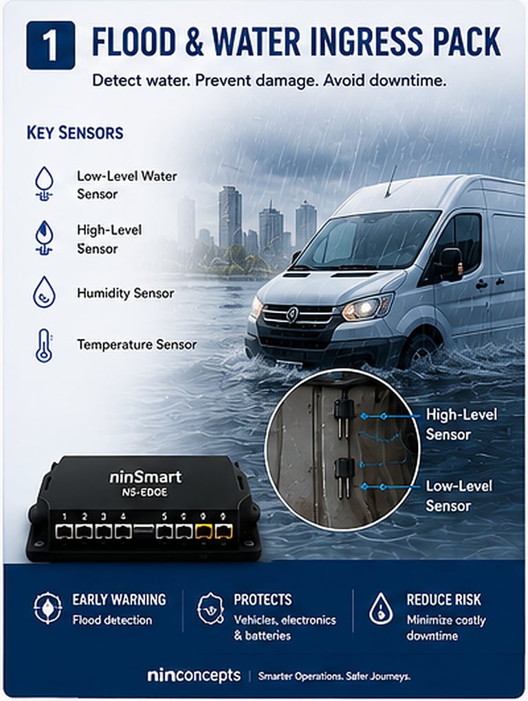 Flood and Water Ingress Pack infographic showing water sensors, a flooded van, ninSmart controller, and benefits like flood detection and vehicle protection.