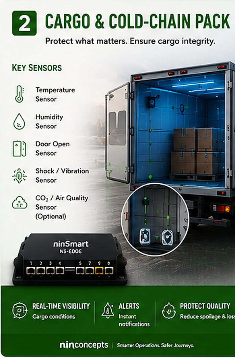Cargo and cold-chain monitoring system with ninSmart NS-600E device showing temperature, humidity, door, shock, and CO2 sensors for cargo integrity protection.