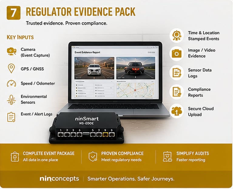 NineSmart Regulator Evidence Pack showing dashboard interface with key inputs including camera, GPS, speed monitoring, environmental sensors, and event logs for compliance documentation.