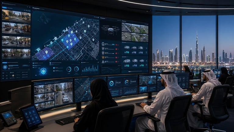 Control room with security operators monitoring multiple digital displays and city skyline views from high-rise office