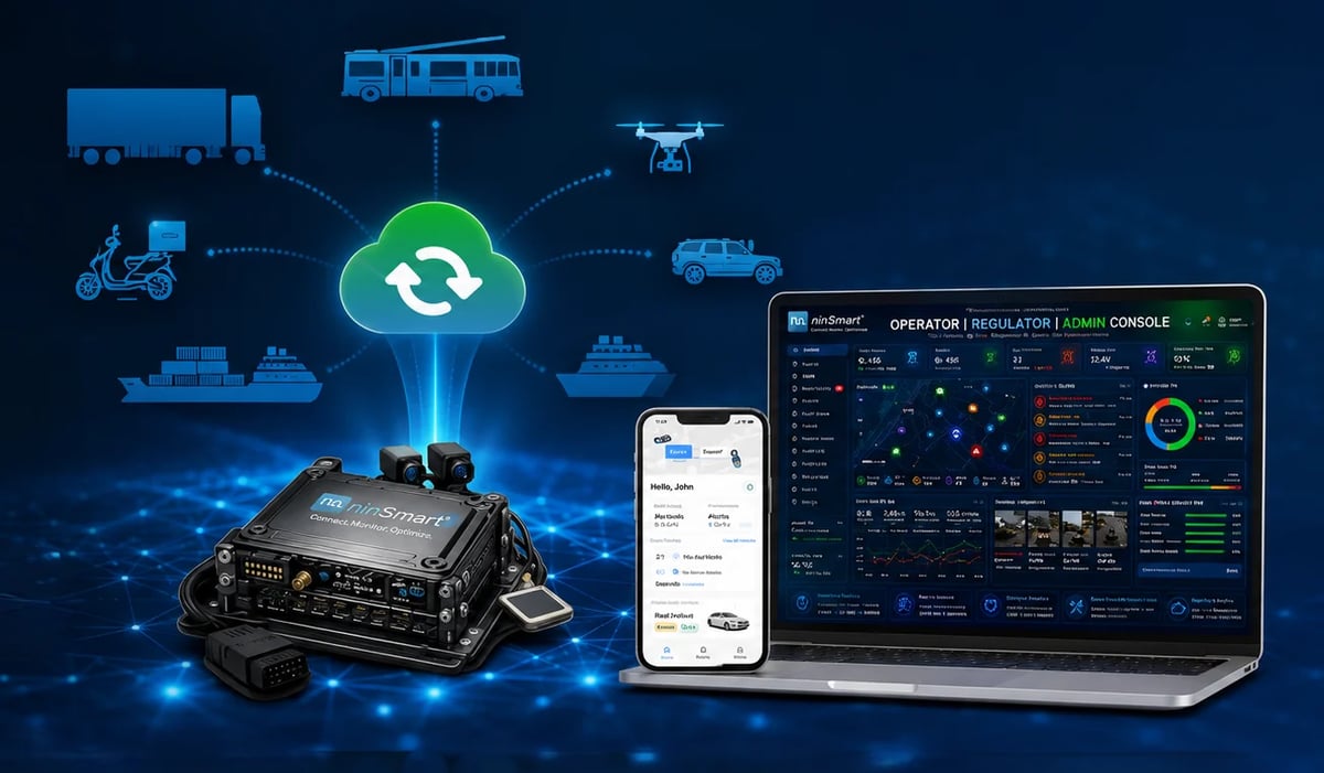 IoT logistics platform showing connected devices including trucks, drones, ships, and trains with cloud management system and real-time tracking dashboard on laptop and smartphone