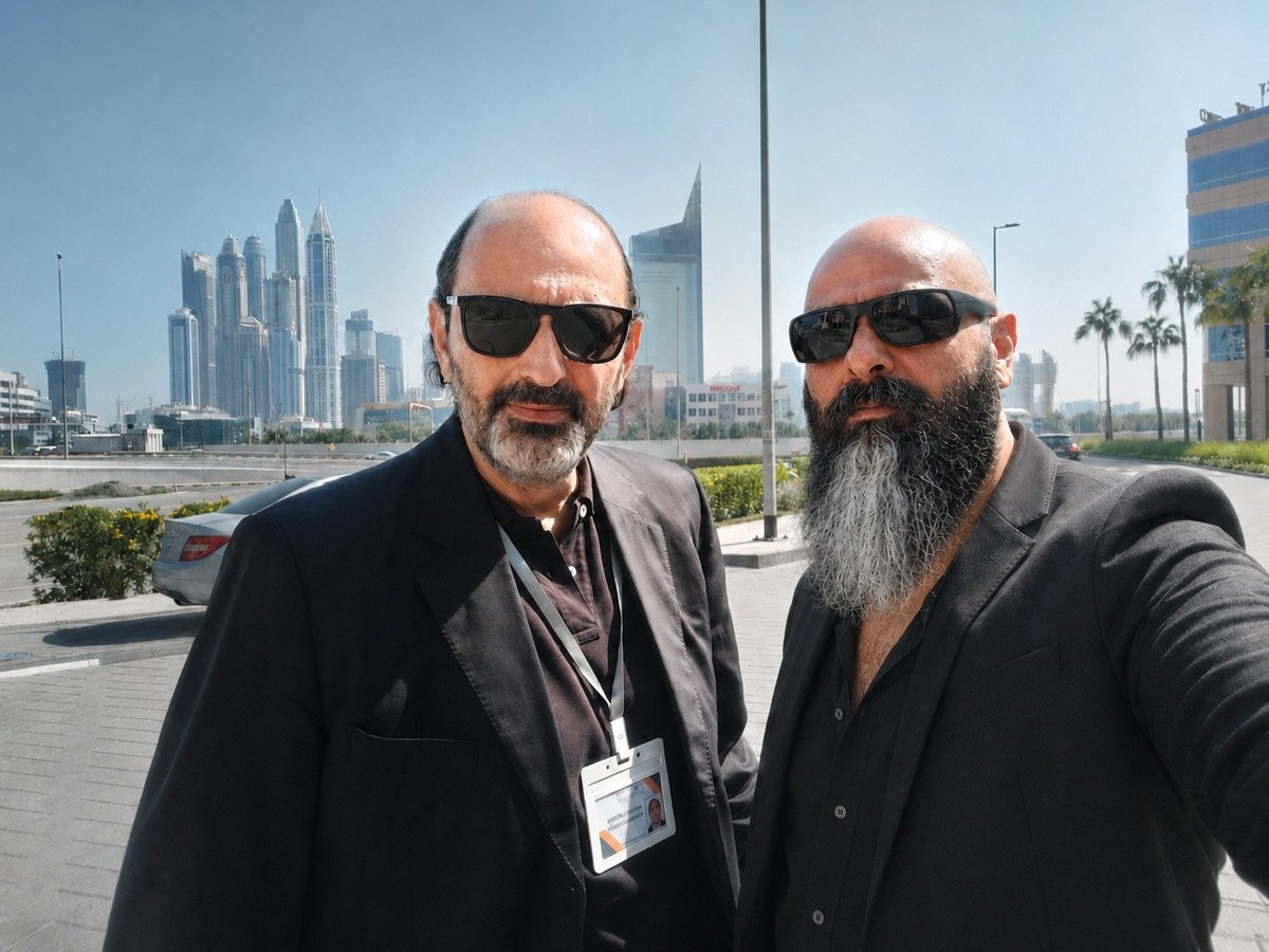 Two bearded men wearing sunglasses and dark suits posing for a photo with a city skyline in the background