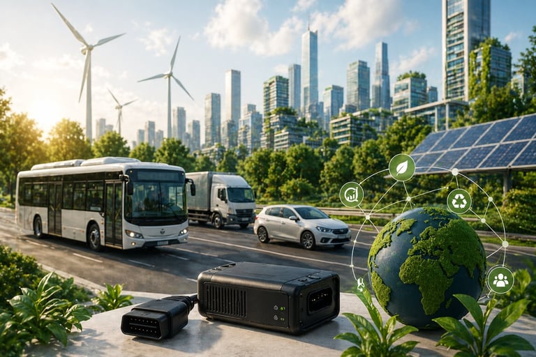 Electric vehicles including bus and car with solar panels and wind turbines in urban landscape symbolizing sustainable green energy transportation