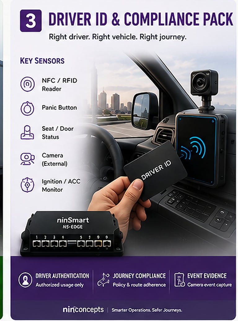 Driver ID and Compliance Pack infographic showing vehicle sensors, dashboard display with DRIVER ID app, and security features for fleet management